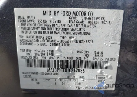 2018 Ford Ecosport Se из США, поврежденный, VIN MAJ3P1TE0JC212036